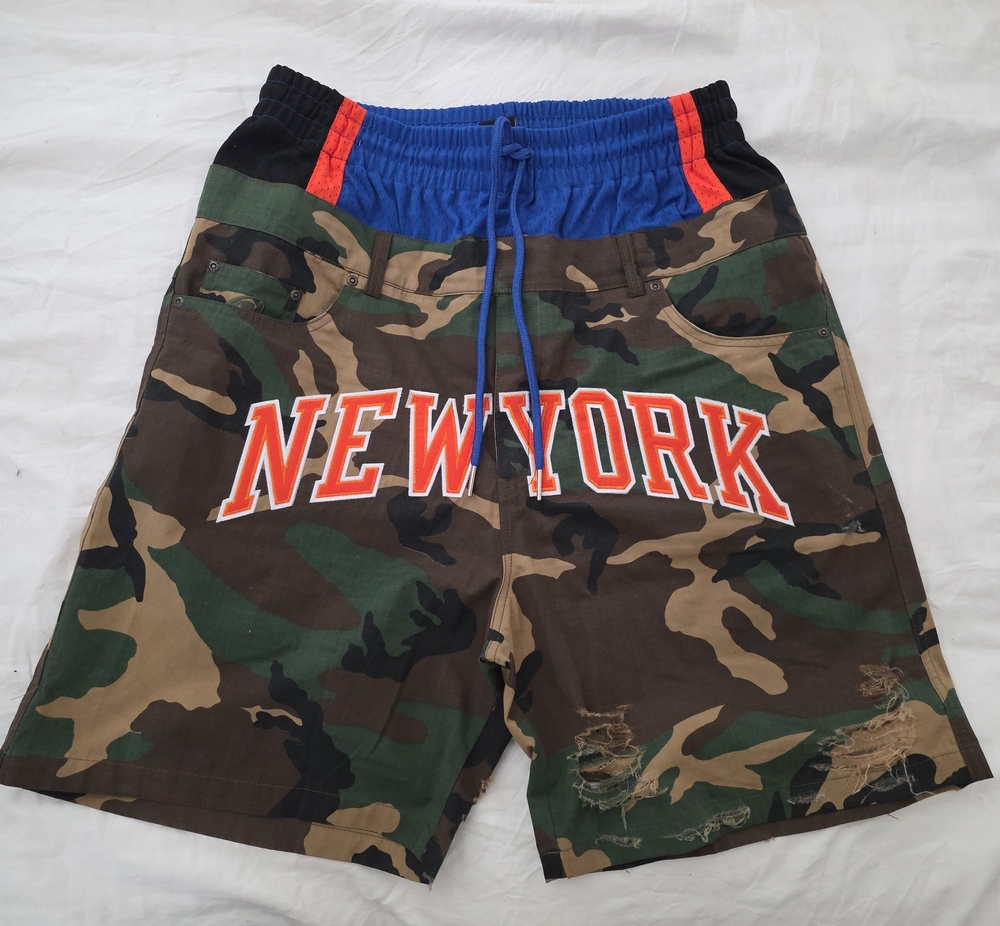 NY KNICKS Camo Athletic Hybrid Shorts with Blue Waistband